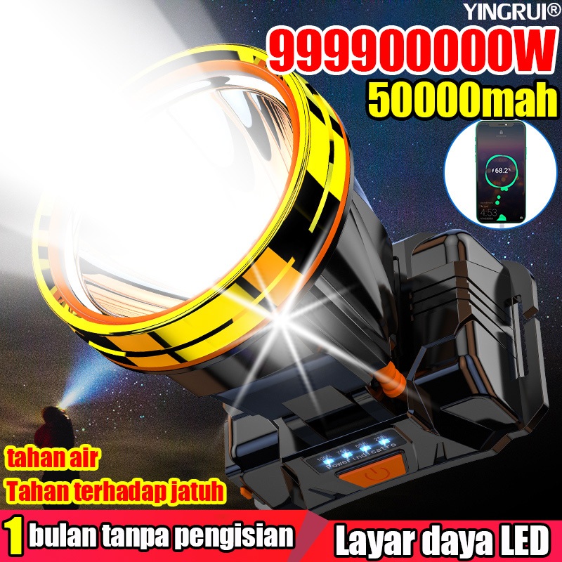 YR senter kepala Sangat terang 1865000mah 300Watt Senter Kepala Menyala 10000meter Sama seperti pada