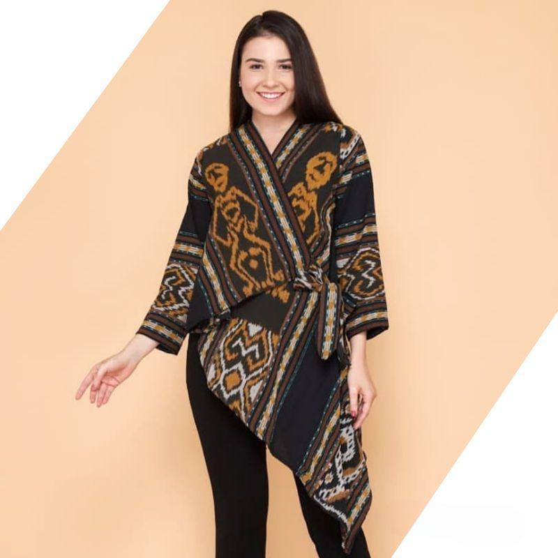 Atasan Wanita Motif Tenun - Baju Tenun Coklat - Pakaian Tenun Wanita - Blouse Wanita