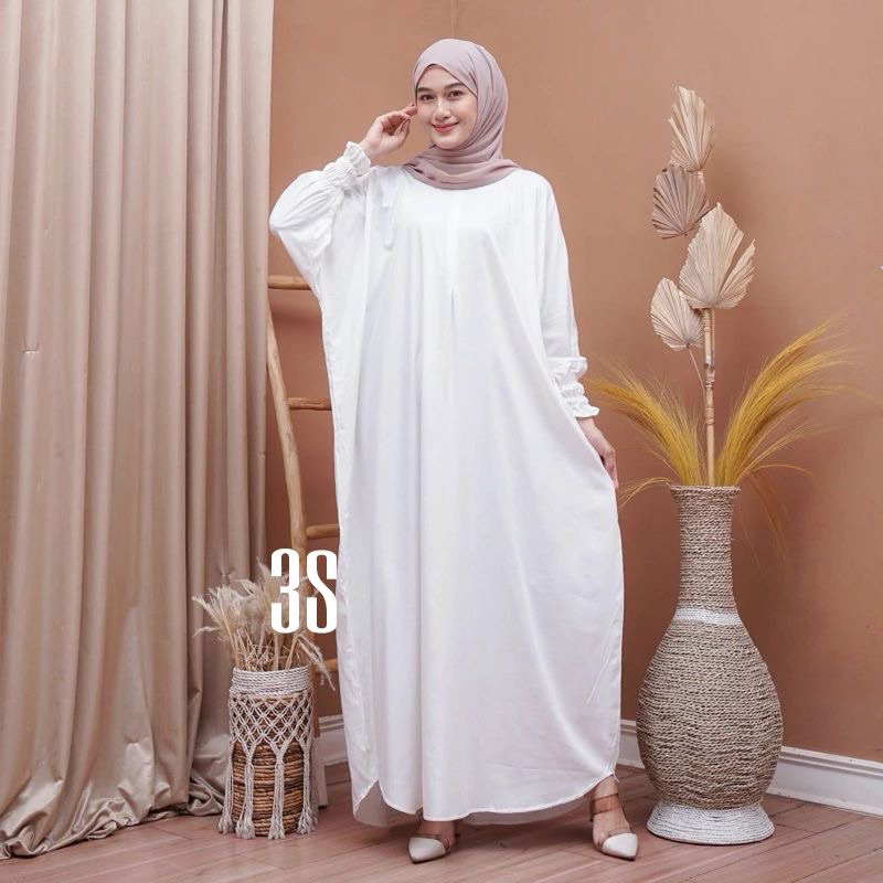 Kaftan Wanita - Daunda Kaftan Size Jumbo XXXXL Motif Daun Lengan Panjang Busui Resleting by Nadira_Fashion / Gamis Rayon Jumbo Kaftan Terbaru-Pollos white