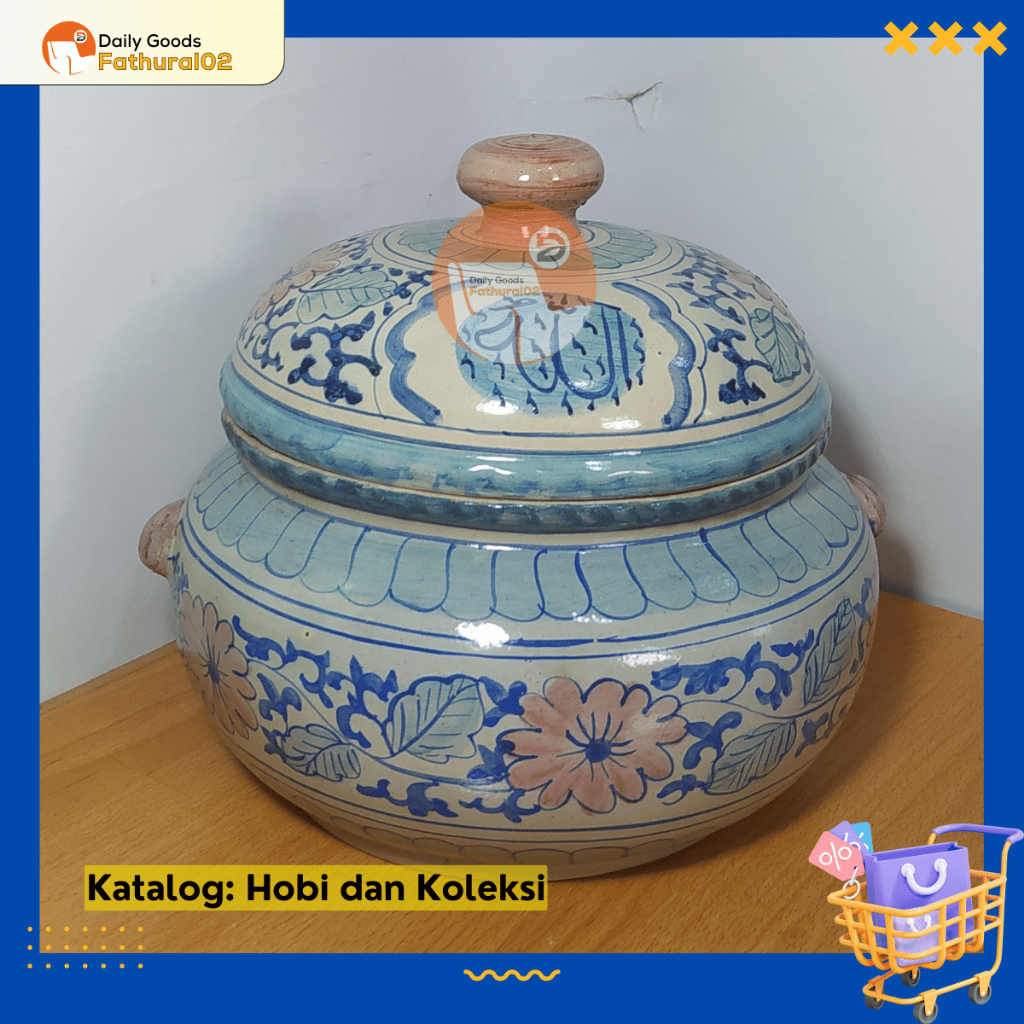 Guci Keramik Antik Hiasan Rumah Model Bejana Tutup Motif Bunga Kaligrafi Preloved