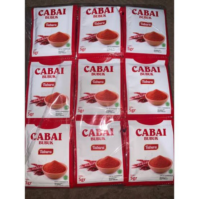 

Tabura Cabai Bubuk 1 renceng 5gram x 12pcs / Cabai Bubuk / Cabai Halus Sachet
