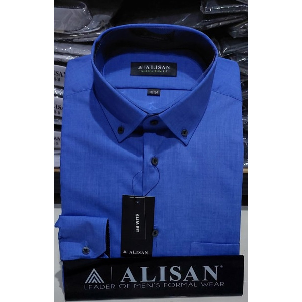 Kemeja Pria ALISAN POLOS NEW SLIMFIT Semi Jeans Biru Lengan Panjang