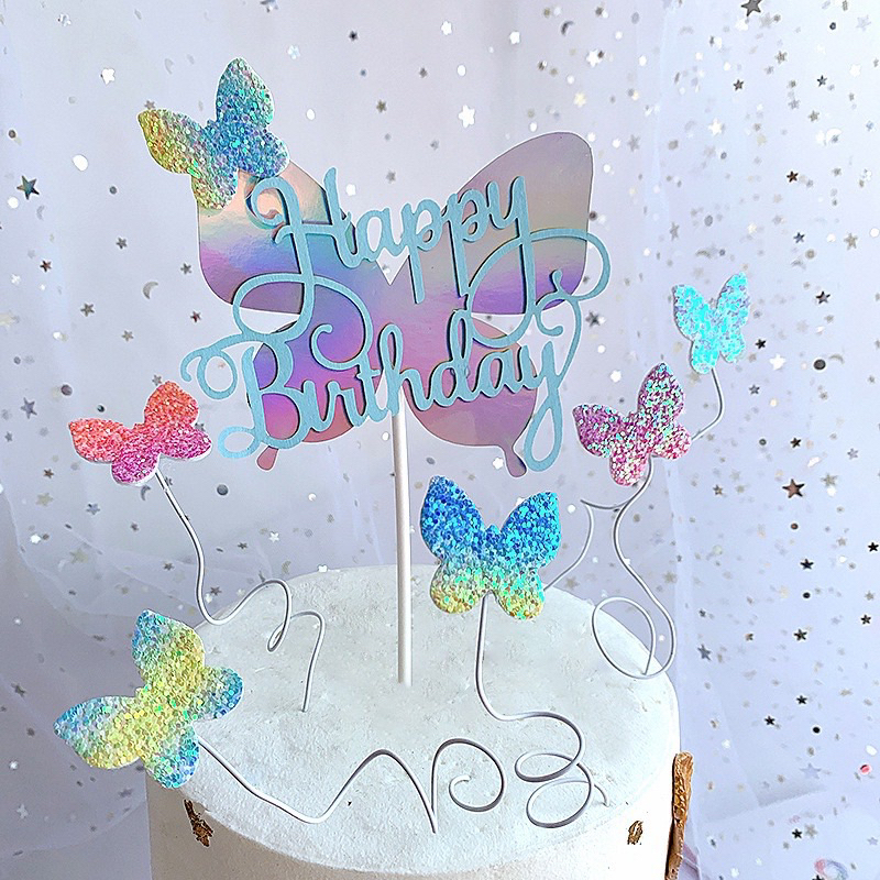 Cake topper tulisan happy birthday latin kupu kupu kupukupu butterfly hologram holo / hiasan dekoras