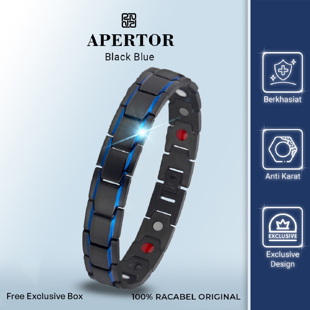 Racabel Gelang Terapi Kesehatan Bio Magnetik Apertor Hitam Biru untuk Pria dan Wanita