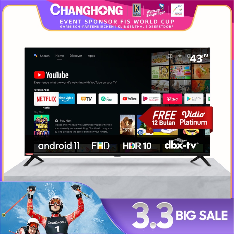 MURAH (BNM) CHANGHONG 43 INCH NEWEST ANDROID 11 FRAMELESS SMART TV DIGITAL LED TV FHD