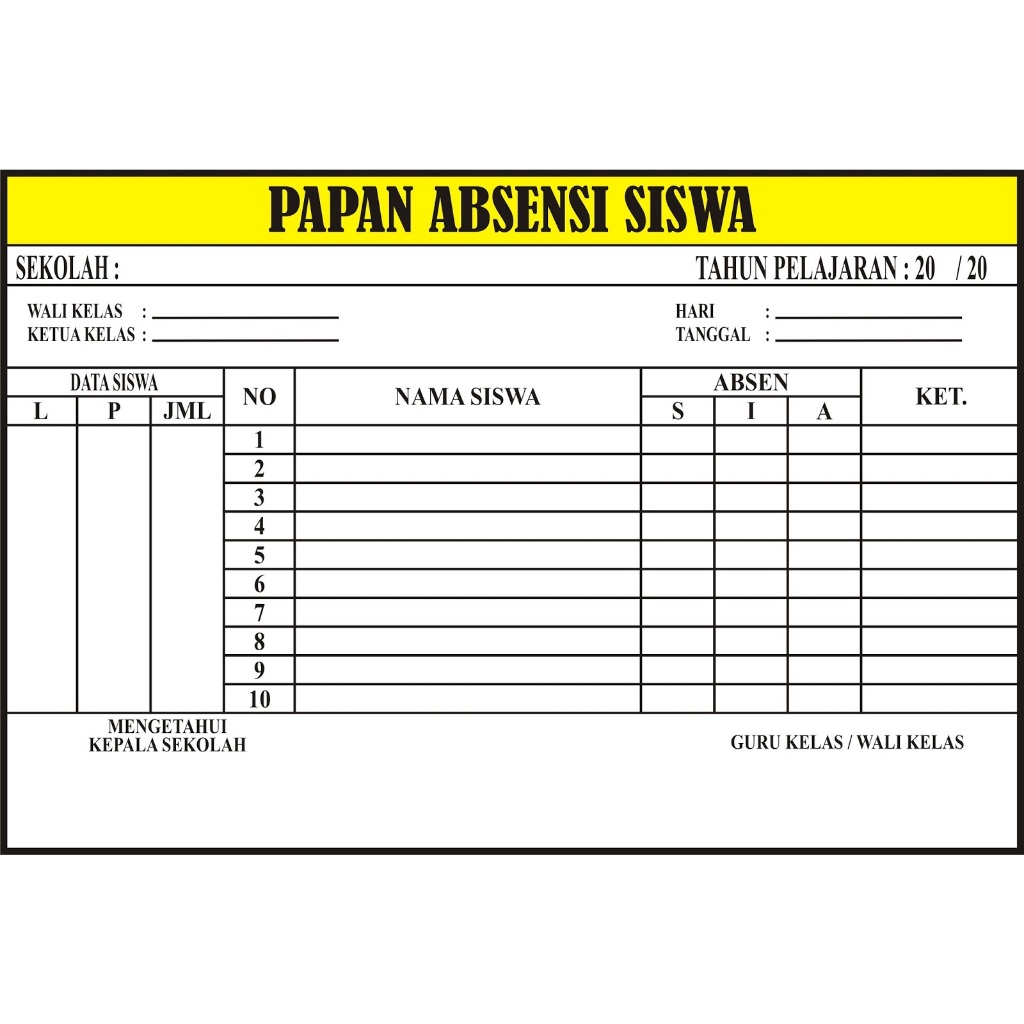 

Papan Data Absensi Siswa TK/RA, SD/MI, SMP/MTs, SMA/SMK/MA ukuran 60x40 cm