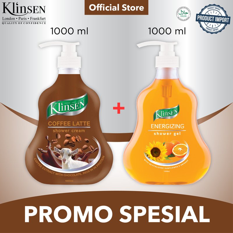 Paket Sabun Mandi Cair Klinsen Coffee Latte 1000 ml + Sabun Mandi Cair Klinsen Energizing 1000 ml