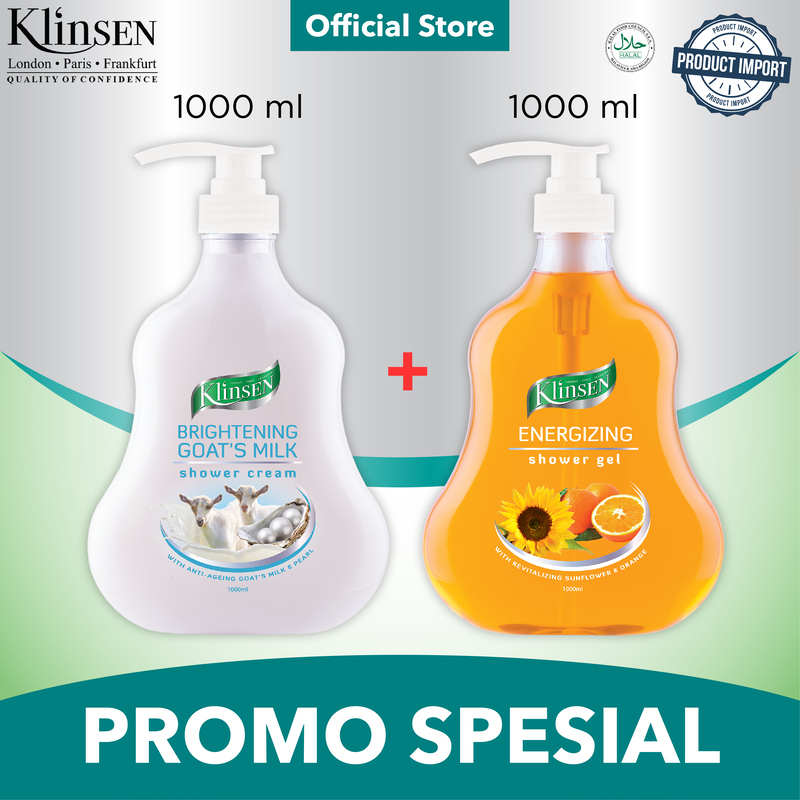 Paket Sabun Mandi Cair Klinsen Brightening Goat's Milk 1000 ml + Sabun Mandi Cair Klinsen Energizing