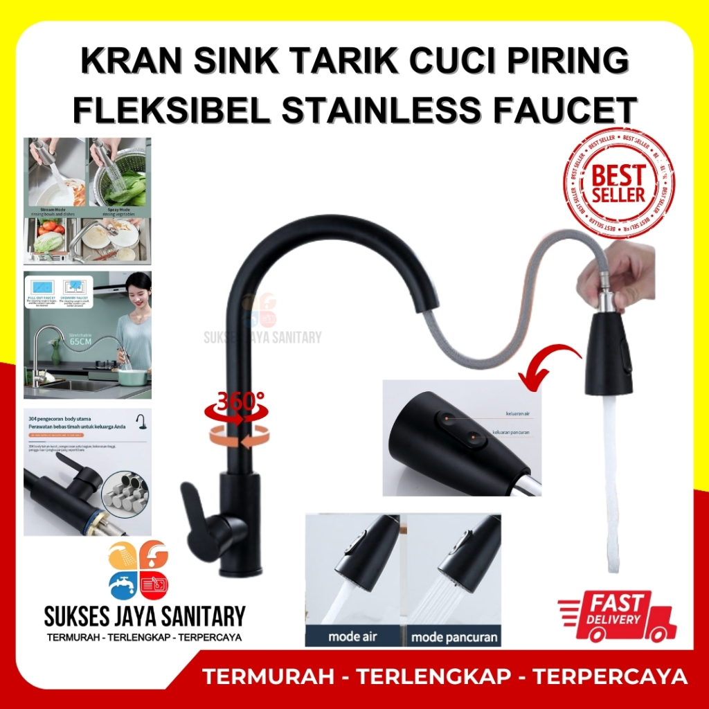 Kran Sink Tarik Keran Air Cuci Piring Fleksibel Stainless Faucet Sprayer Kran Kitchen Sink Tarik