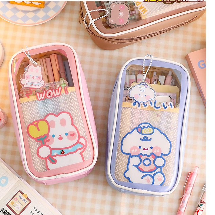 

Kakamoe - Tempat pensil transparan anti air kartun kawaii kartun dengan resleting / Pencil case Multifungsi Ala Korea Pouch Serbaguna /