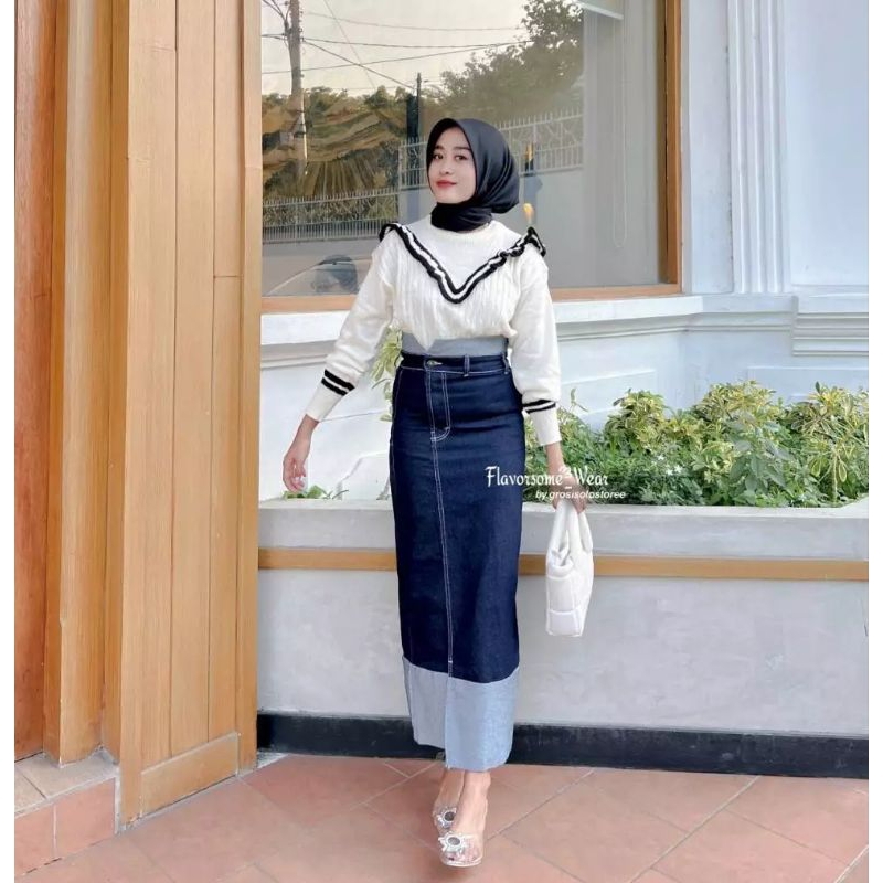 Two Tone Rok Skrit Jeans Highwaist Wanita Streach