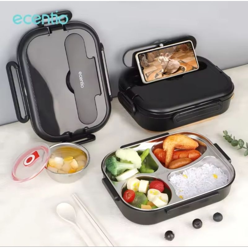 ECENTIO Lunch Box Stainless Kotak Makan 4 Sekat Tahan Panas Anti Tumpah Tempat Makan