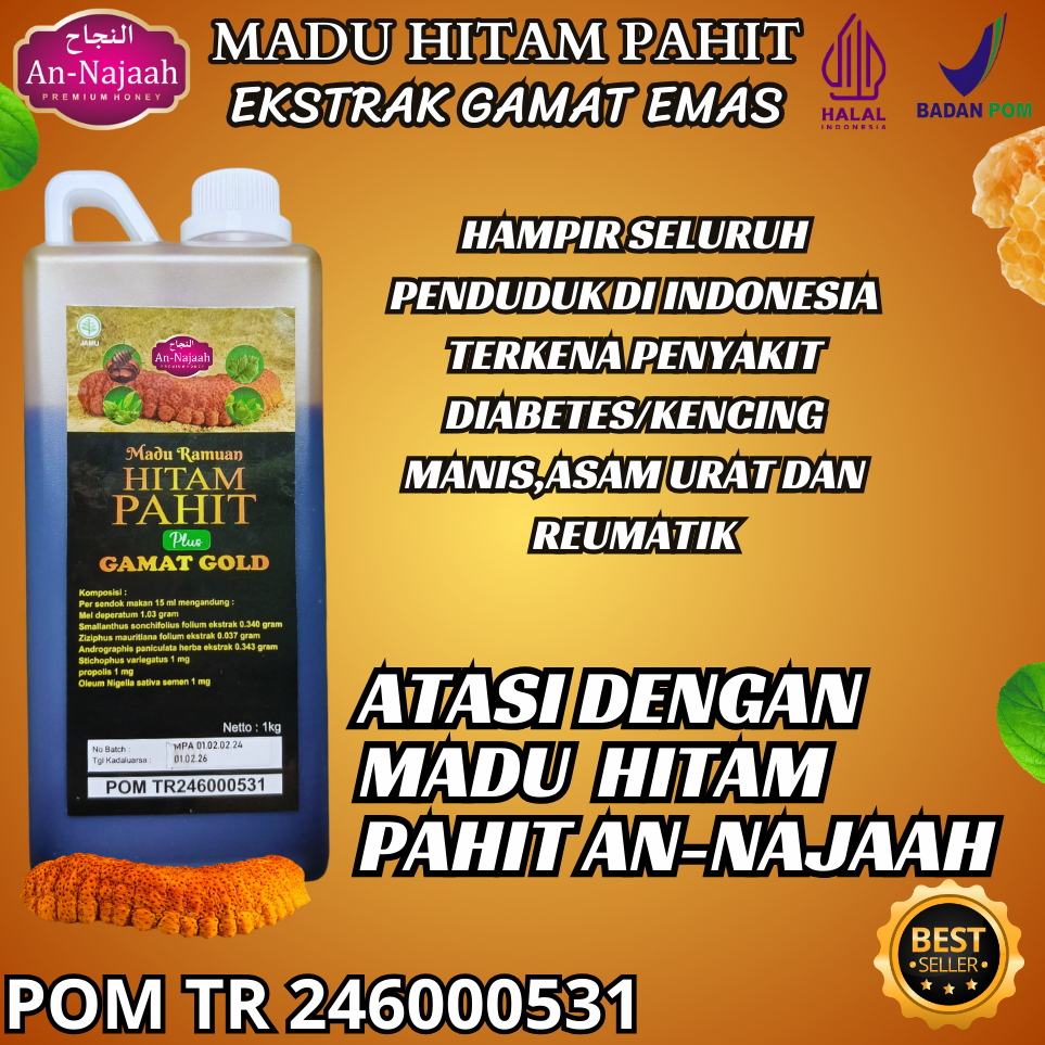 

Madu Hitam Pahit Gamat Gold 1 kg Plus Daun Insulin Dan Sambiloto asli AN-NAJAAH Original Bpom