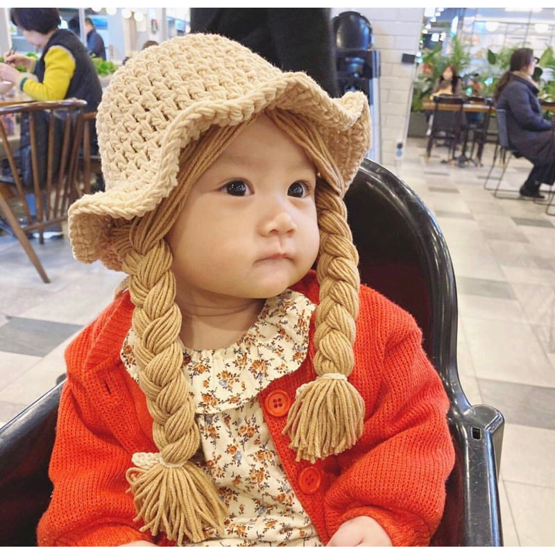 Topi Rajut Bayi Rambut Palsu Warna Beige, Topi Rajut Korea dengan Kepang untuk Anak Perempuan