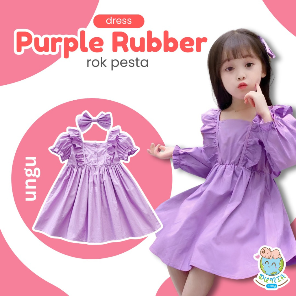 [DUNIABABY] 1-9 Tahun Dress Purple Pita Anak Prempuan Rubber Korean Fashion Baju Bayi Rok Pesta Kids Bahan Katun Warna Ungu