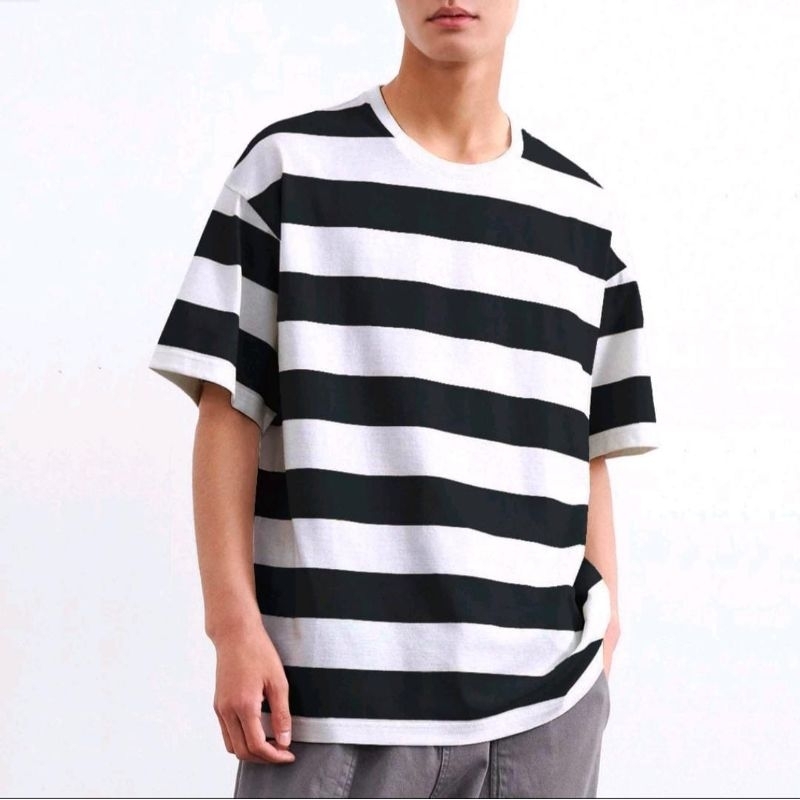 Kaos Salur Balok T-Shirt Belang Belang Hitam Putih Jumbo