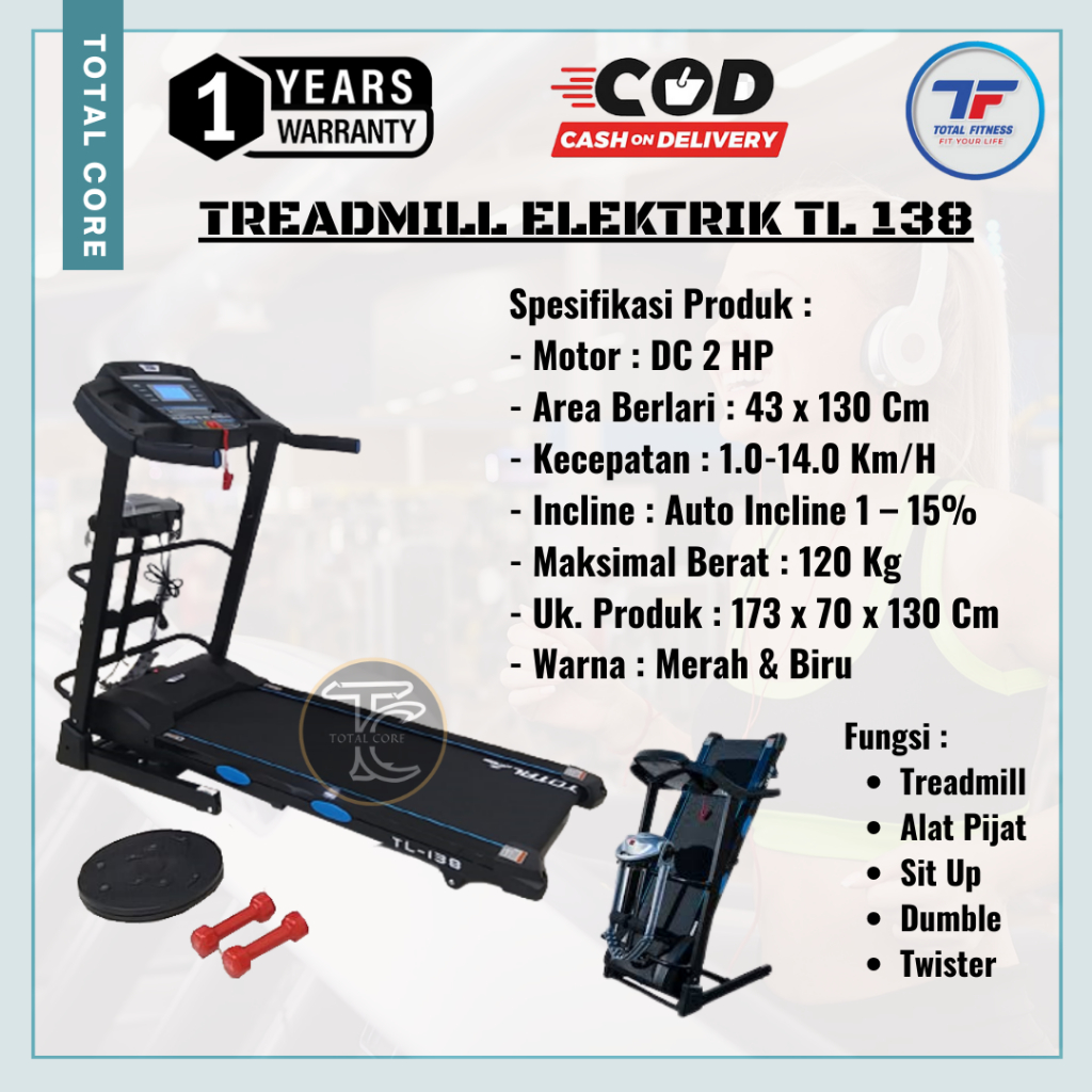 Alat Fitnes, Treadmill Elektrik TL 138, Treadmill Electric, alat olahraga alat fitness