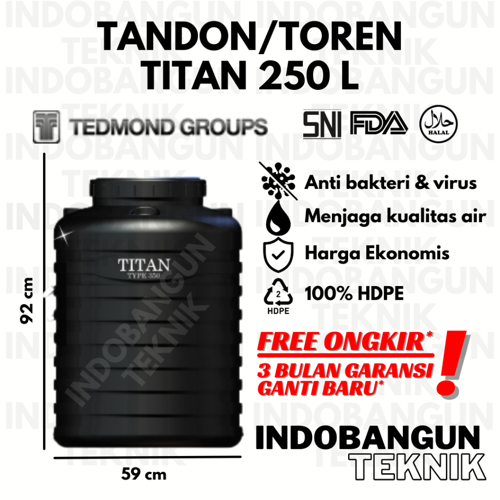 Tandon Toren Tangki Air Titan 250 Liter Harga Murah Tedmond Grand Anti Lumut Garansi 3 Bulan