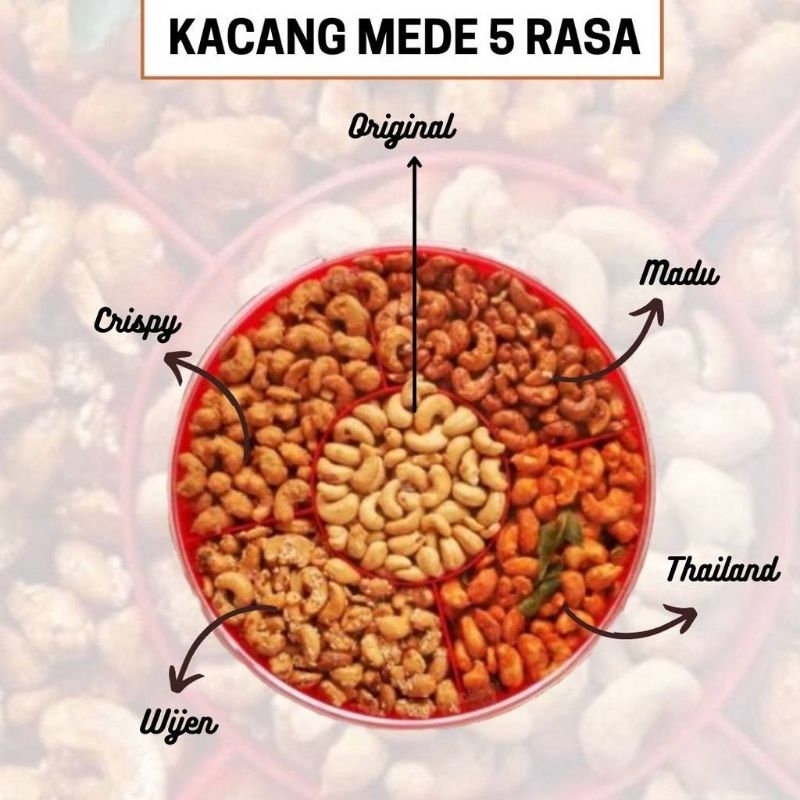 

Kacang Mente / mede Thailand berat 900 dengan toplesnya.Terdiri dari 5 rasa :-Original-Thailand-Wijen-Madu-Crispy