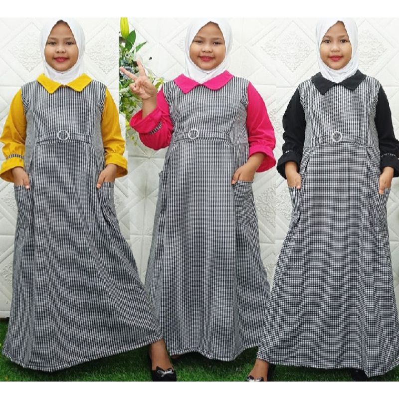 Gamis anak perempuan motif kotak kotak maxi dress anak tanggung