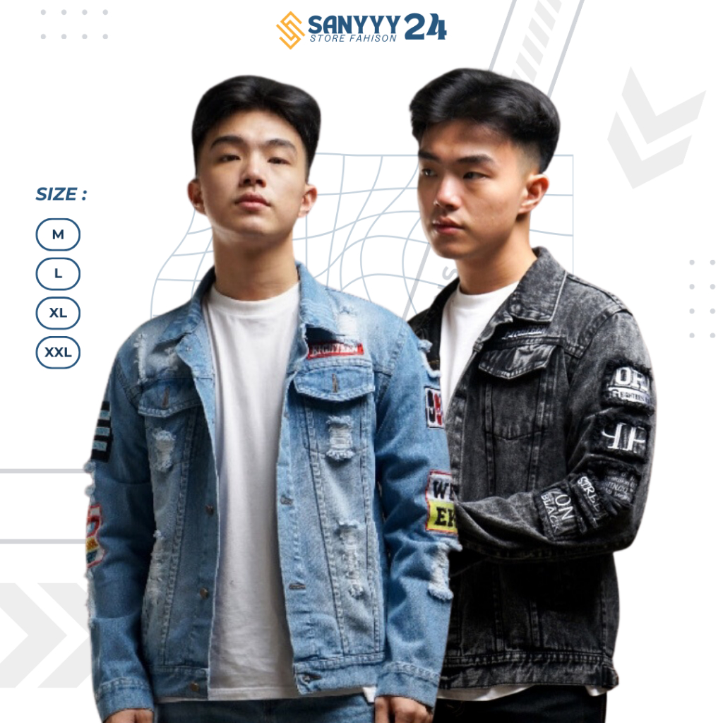 Jaket Jeans Denim Pria Motif Sobek Ripped Emblem Atasan Jahit Bordir Jacket Jeans Cowok