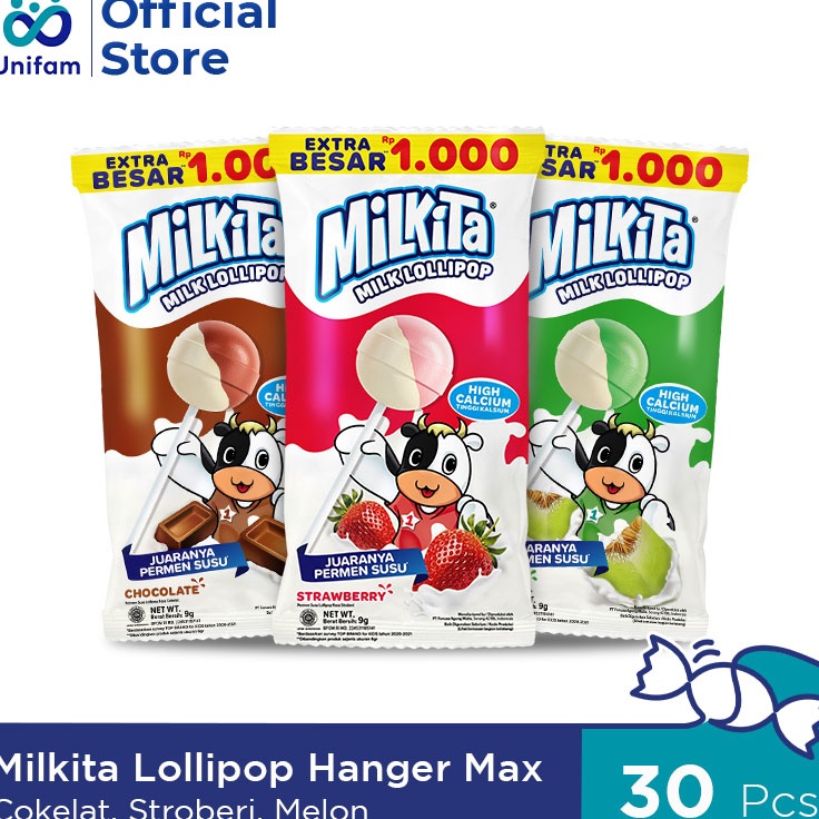 

Ready Milkita Lollipop Hanger Max 1 Bag Isi 3pcs Permen Susu Lolipop Rasa Cokelat Stroberi Melon CSM 61