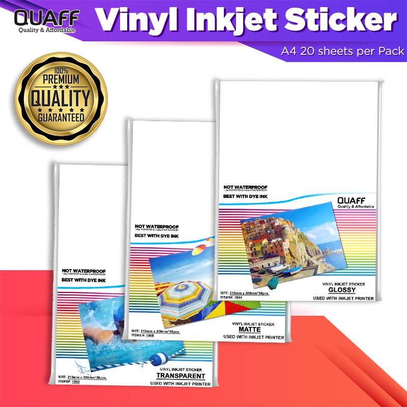 

QUAFF Vinyl Inkjet Sticker / Printable Vinyl Ukuran A4/kertas perekat berbahan dasar air ( Glossy / Matte / Transparan ) 20 lembar/pack