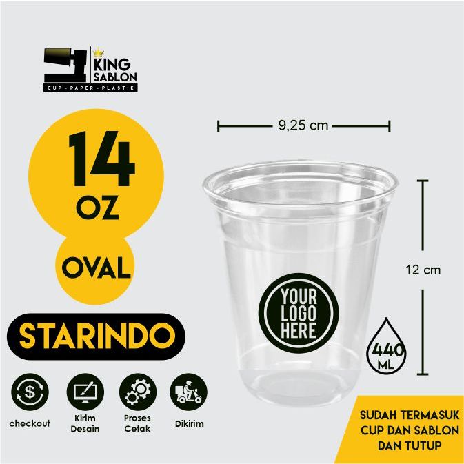 Sablon Cup 14 Oz oval PET 1000 pcs Cetak Logo kemasan dengan tutup datar cembung strawless