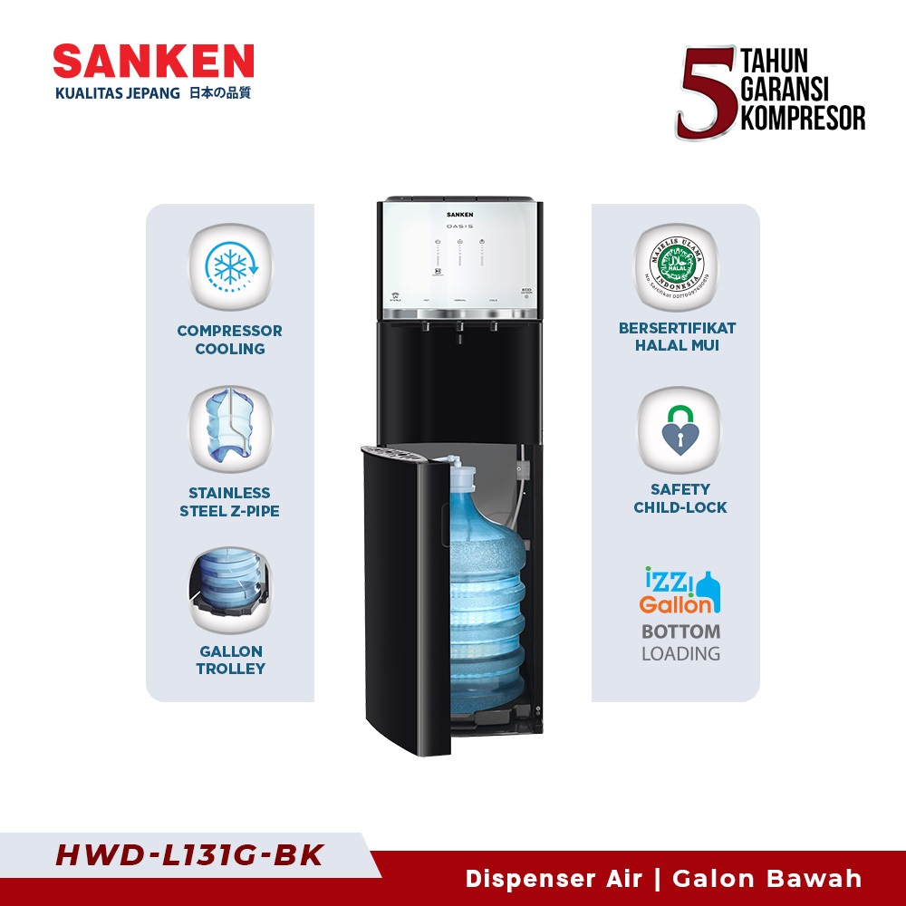 Sanken Dispenser Galon Bawah HWD-L131G-BK Oasis Tempered Glass