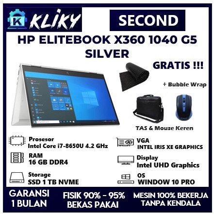 Laptop Touchscreen HP Elitebook X360 1040 G5 Intel Core i7 Ram 16GB Ssd 1 TB Layar 14 Full HD IPS To