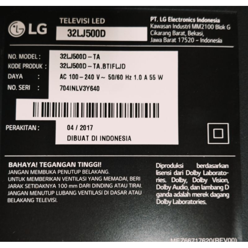 TV LCD Merk LG 32LJ500D bekas, minus garis