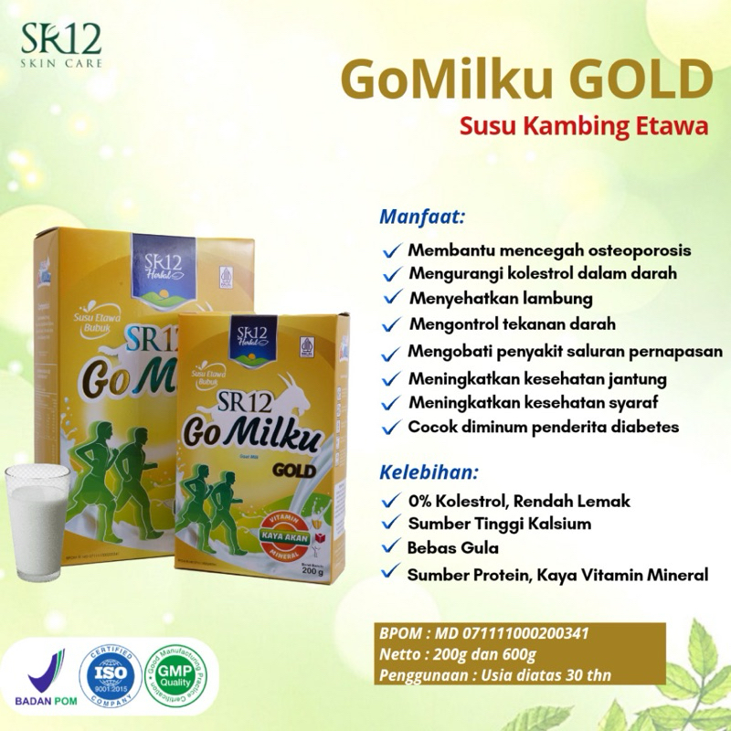 

GO MILKU GOLD SR12 SUSU KAMBING ETAWA , HERBAL RENDAH LEMAK, TINGGI KALSIUM , BEBAS GULA