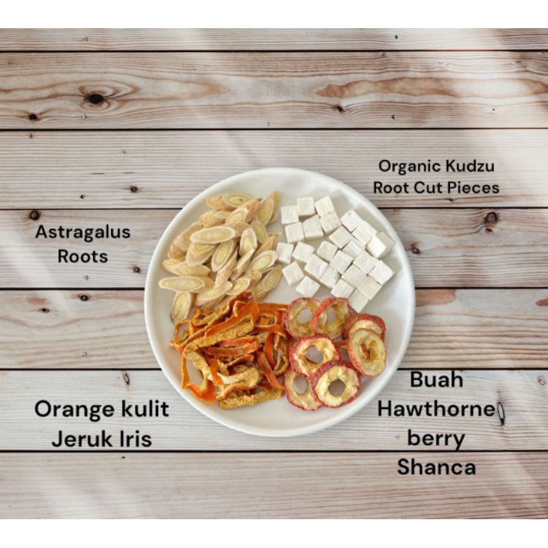 

tea bunga - astragalus roots + kudzu root cut pieces + orange kulit jeruk Iris + hawthorne.satu kota isi 10 pcs