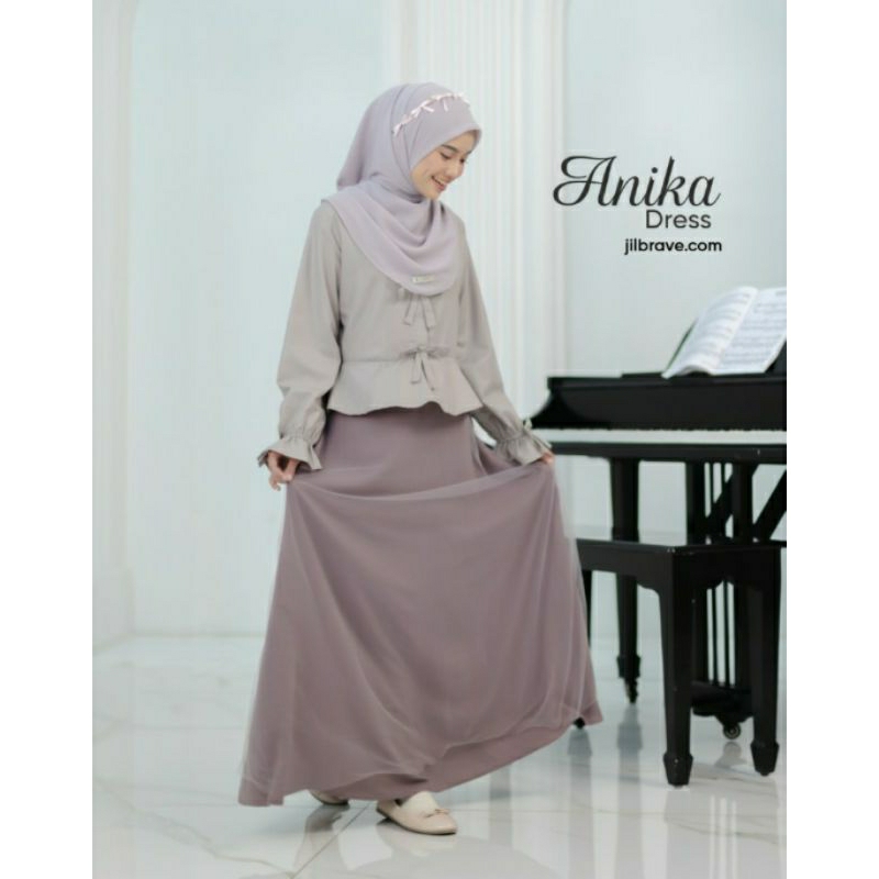 ANIKA DRESS JILBRAVE | Feminine Dress aksen pita bagian atas dan Lengan | Gamis dengan Rok Layer Tul