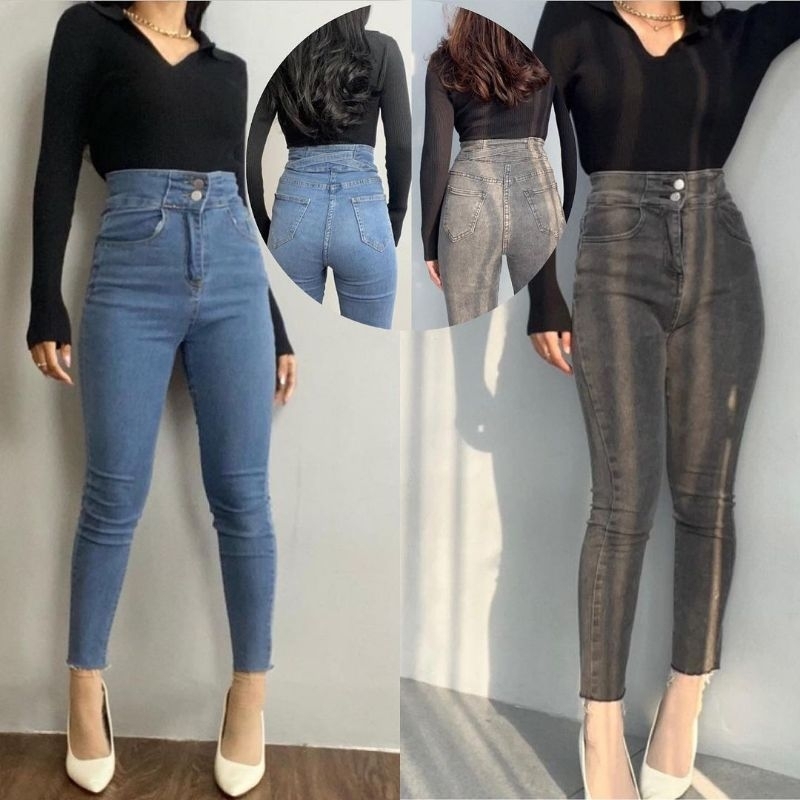 Celana Skinny Jeans HW Jeans Pensil Silang Wanita Celana Jeans Gaya Korea Stretch Celana Panjang Wan
