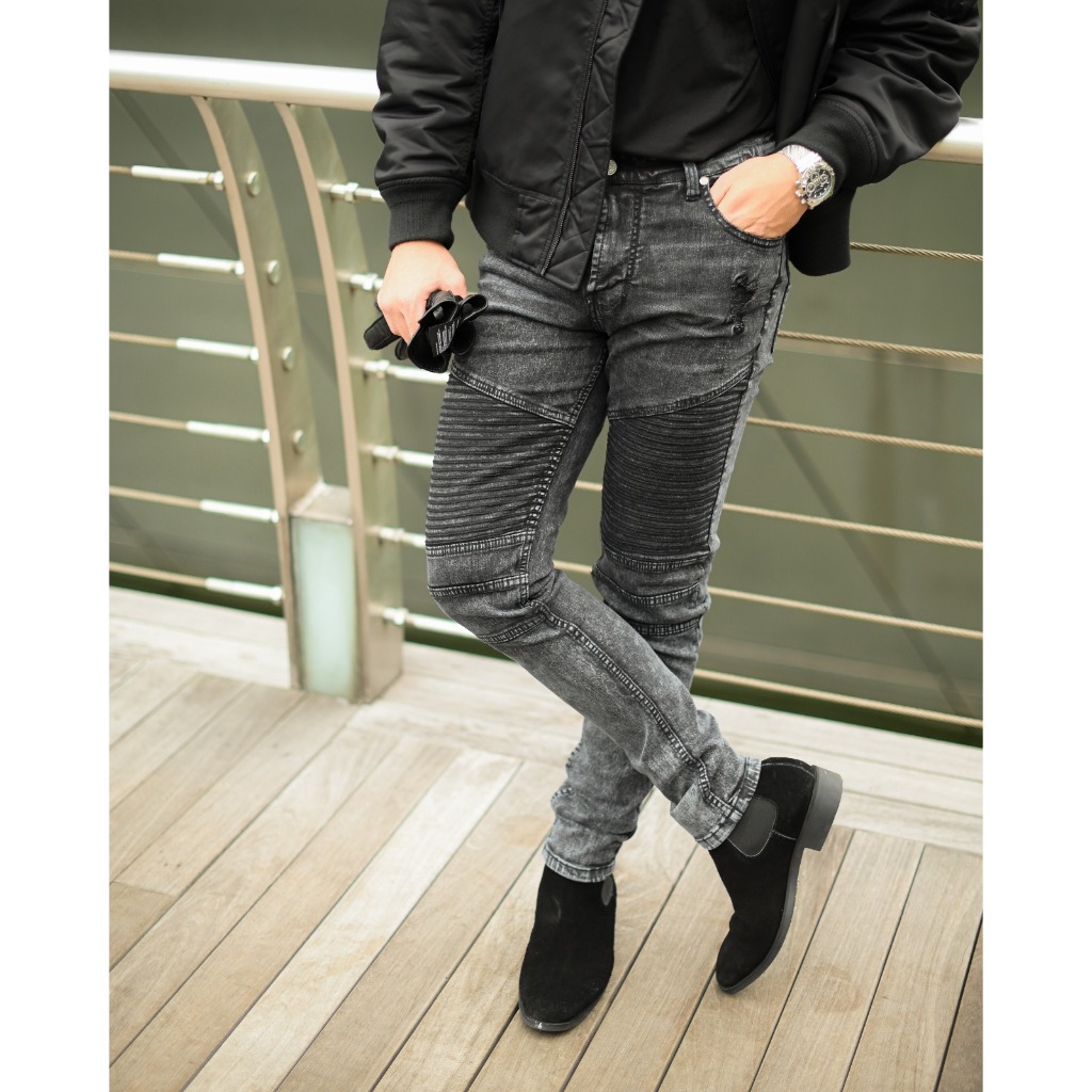 Weird Jeans - Biker Cosmic Black - Celana Biker Jeans Panjang Pria Polos Slimfit Strech