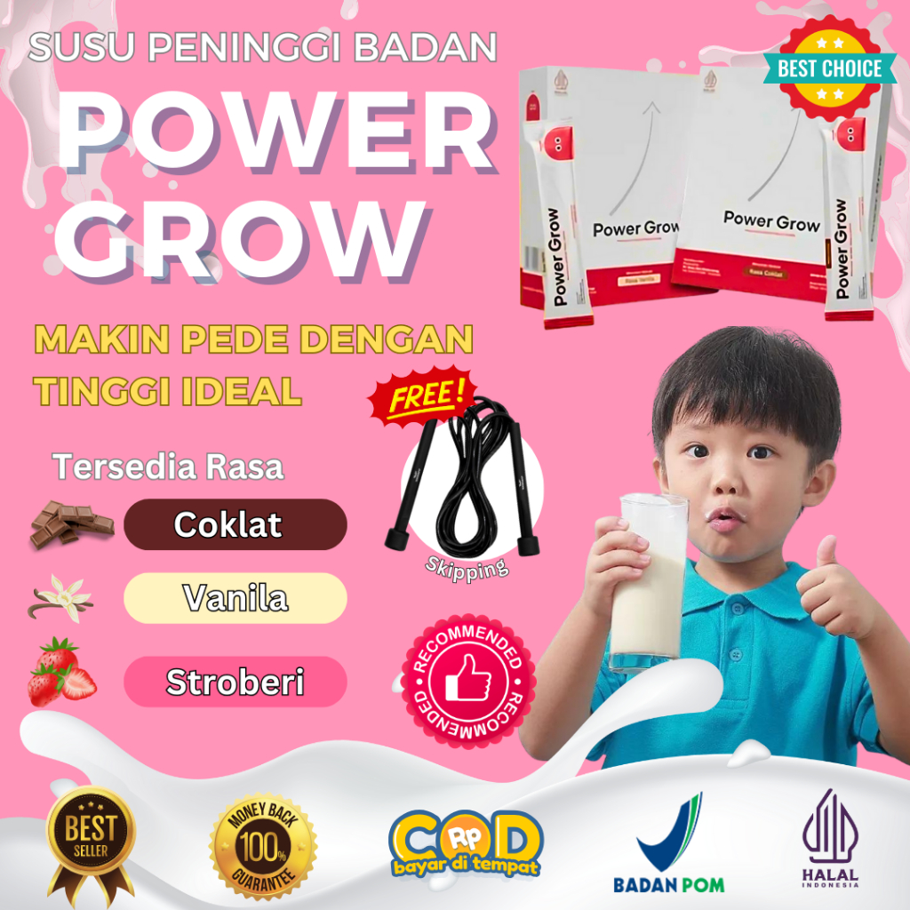 1 Box Susu Power Grow Rasa Stroberi Paket Suplemen Obat Peninggi Badan Kotak Bubuk Sachet Kalsium Pe