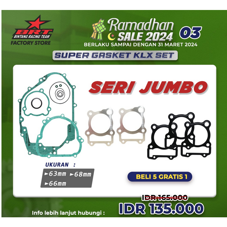 Super Gasket Full Set Bore Up BRT Paking Blok KLX 150