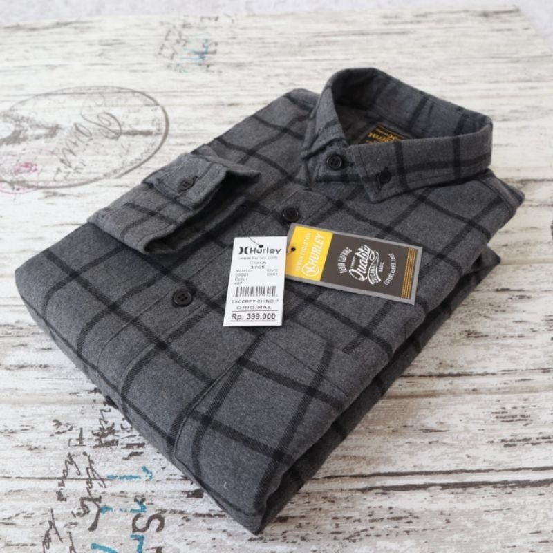 Hurley Kemeja Flanel Lengan Panjang Pria Hem Flanel Cowok Distro Model Biru Kotak Kotak Kecil