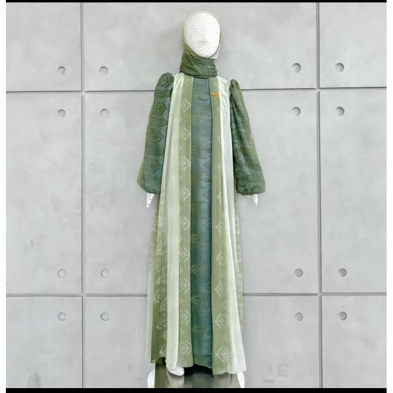 gamis anak ceruty babydoll premium 12-14tahun warna hijau sage mix army  free hijab