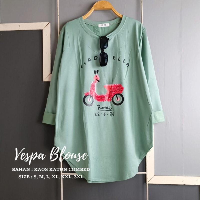 Baju Atasan Wanita Vespa Rome Oversize Blouse BO Size S M L XL XXL XXXL Bahan Kaos Katun Combed Apli