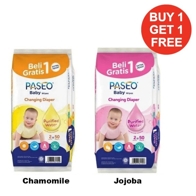 Tisu Basah PASEO Baby wipes Extract Chamomile & Joboba Oil Isi 2X50S (100Lembar)