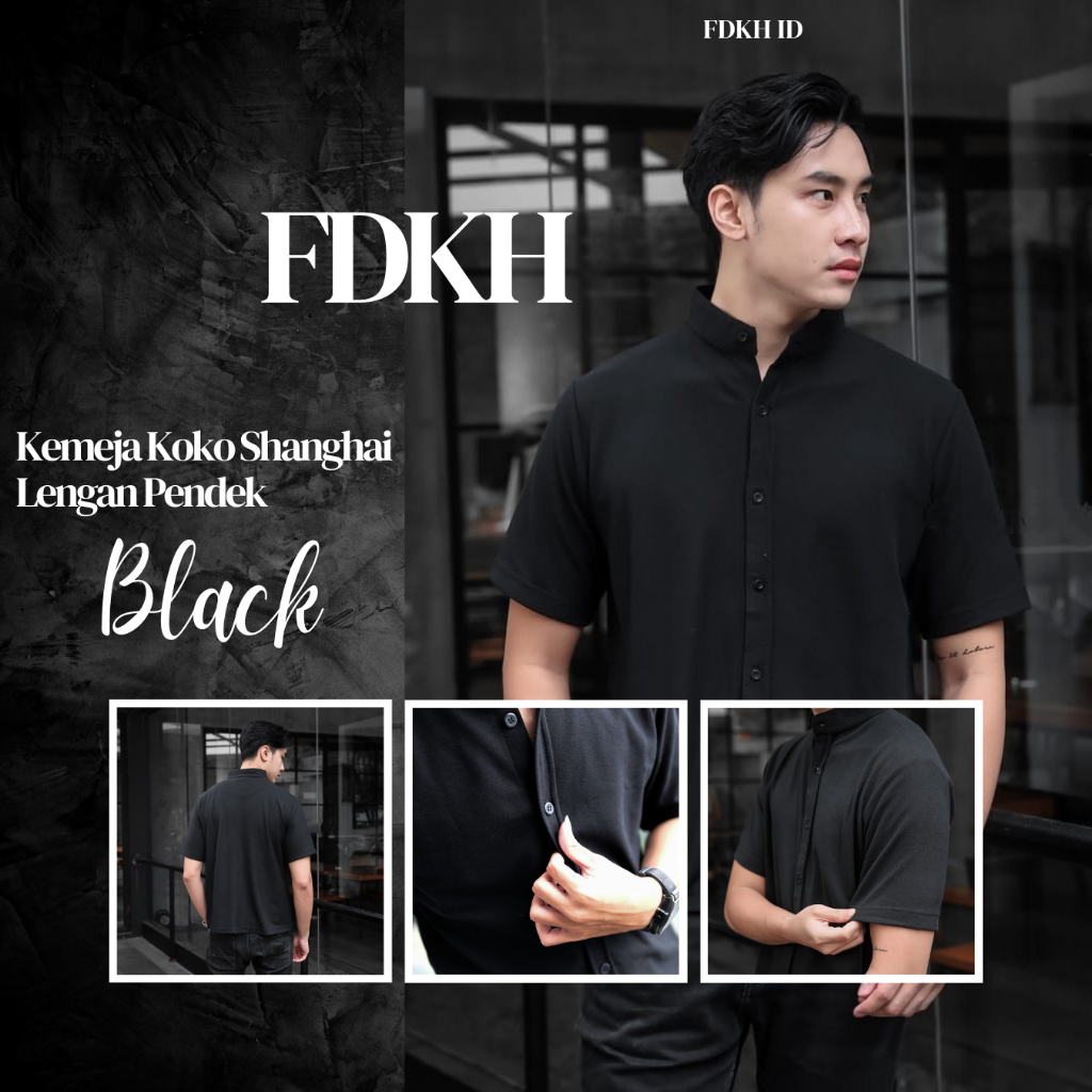 Baju Kemeja Koko Shanghai Pria Lengan Pendek Polos Black Slimfit Series Lacoste Pique Premium