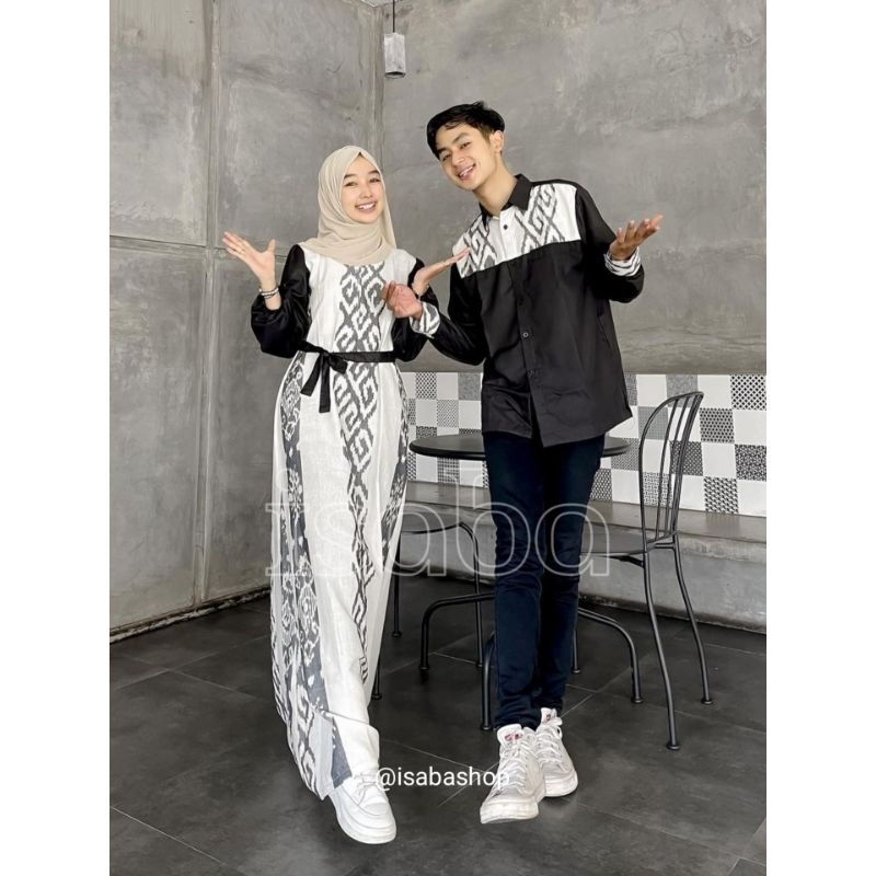 Couple Gamis Rania White Ivory Baju Tenun Couple Kondangan Pasangan Kekinian Untuk Lamaran Prewedding Lebaran Hari Raya Baju Muslim