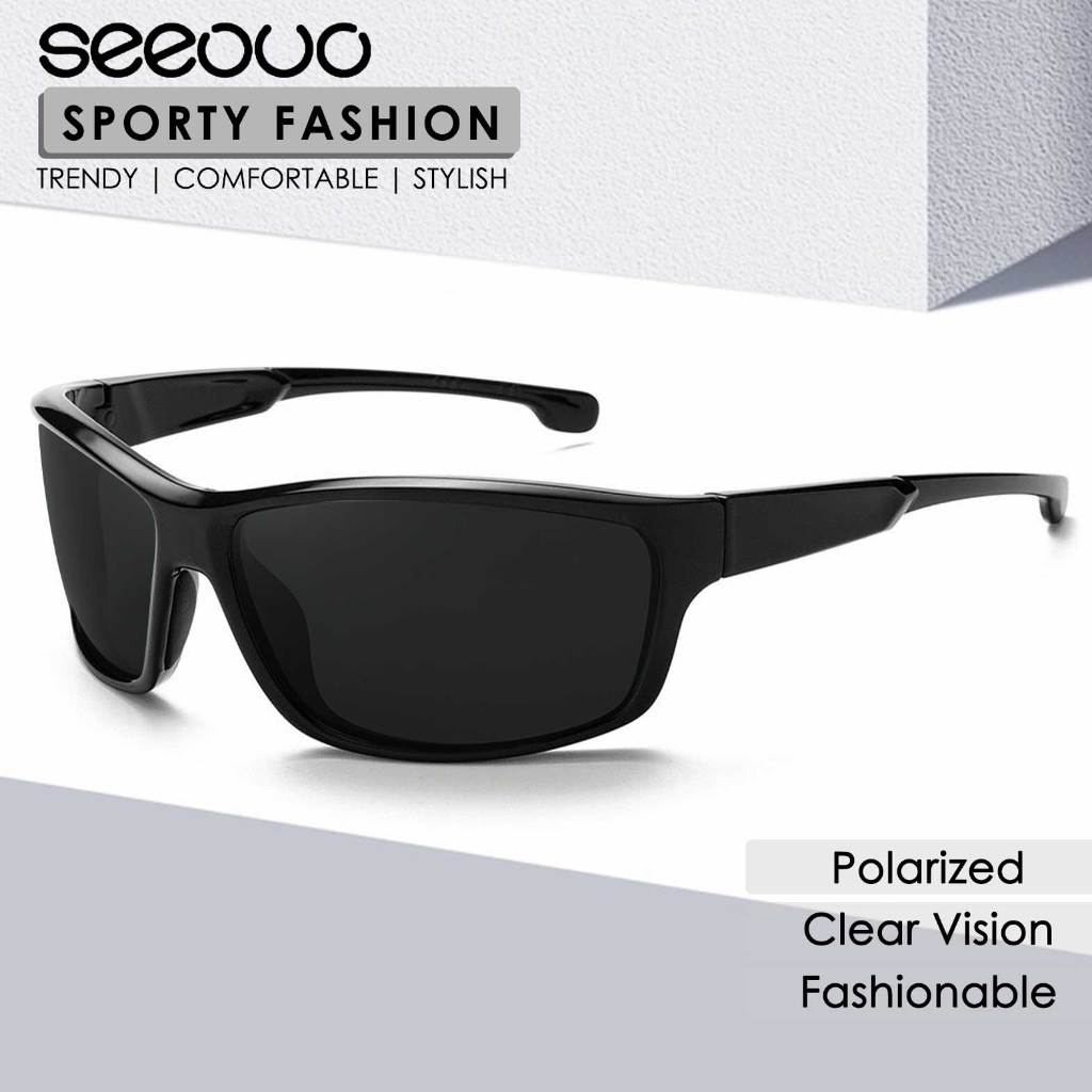 Seeouo Sunglasses Sport Style Polarized Lens Kacamata Hitam UV Protection Model Kotak Bahan TR90 Uni