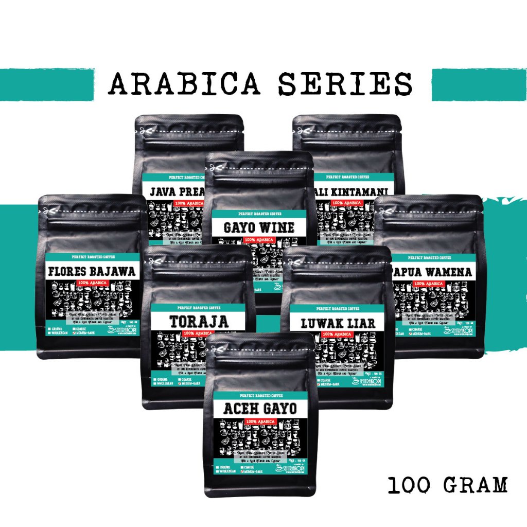 

Sentra Kopi Arabika 100 Gr Series - Aceh Gayo, Papua Wamena, Toraja, Flores, Bali Kintamani, Luwak Liar, Gayo Wine, Java Preanger - Bubuk/Biji - Premium Arabica