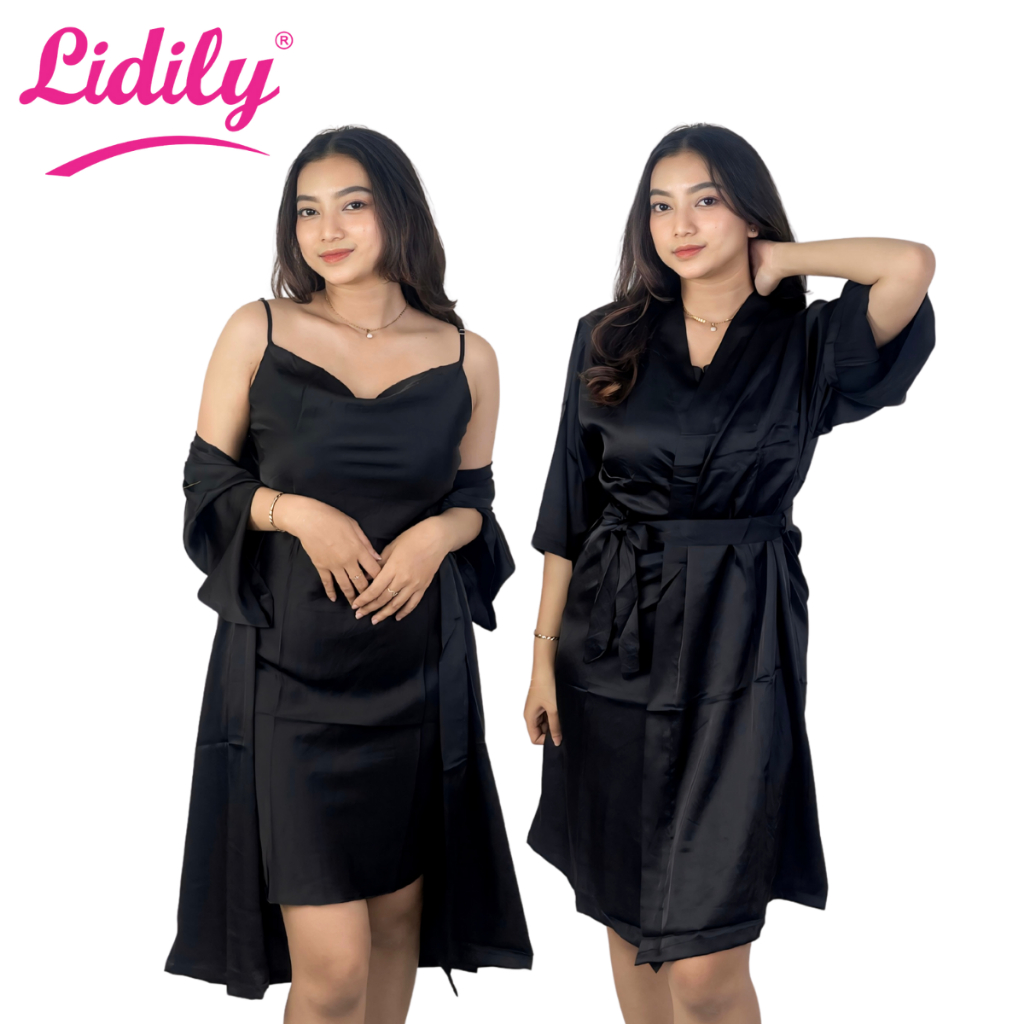 Lidily - Setelan Kimono Dress Satin Sexy Ice Silk Baju Tidur Wanita Sexy Korean Japan | Baju Haram S