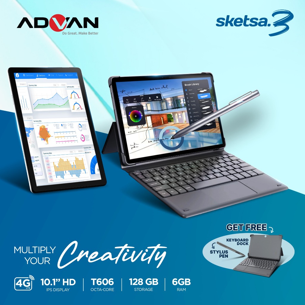 Advan Tab Sketsa 3 Layar 10.1” HD IPS  128GB+RAM 6GB Tiger T606 Android 13 Dual Sim Card Free Keyboa