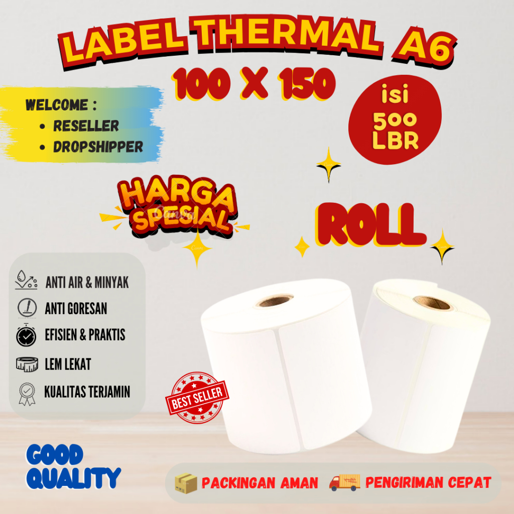 

KERTAS THERMAL 100 X 150 ROLL 500 LEMBAR STIKER RESI BARCODE A6