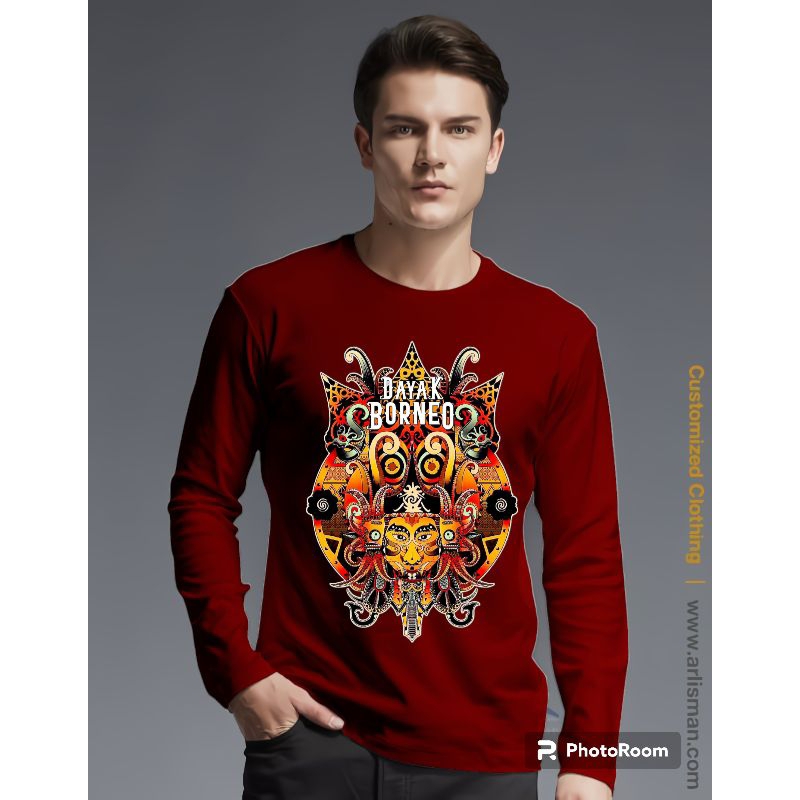 KAOS DISTRO KAOS ATASAN T-SHIRT COWOK LENGAN PANJANG JUMBO MOTIF REOG BORNEO 4WARNA SABLON DTF